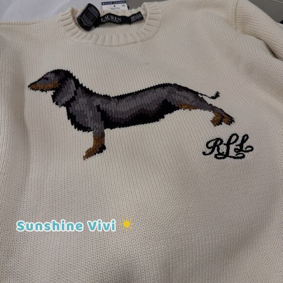 NWT Lauren Ralph Lauren Intarsia Dachshund dog Chalk Cotton Sweater XS - Picture 2 of 11